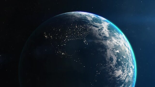Cinematic planet earth rotating in space showing north america city lights at night