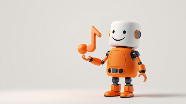 Cute robot presents musical note. Orange body, white head, smiling face. Simple design, clean background, playful character.