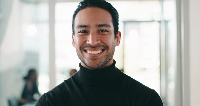 Finance, face or man in agency with laugh, career pride or ambition as funding advisor. About us, meeting or investment consultant with happiness, confidence or experience in risk management.