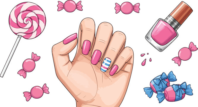 Pink manicure hand with nail art vector, beauty salon concept with lollipop and candy, feminine nail polish bottle and sweets illustration
