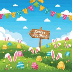 Obraz premium Easter egg hunt scene with bunny ears and colorful eggs