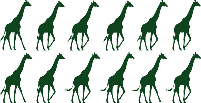 Seamless pattern green giraffe silhouettes walking against white background repeating design