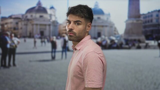 Young hispanic man in pink shirt looks sideways showing bare face on a street at saint peter square near historic building; serenity.