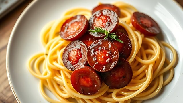 calabrian. A plate of pasta with slices of red sausage, overhead view, soft natural light. menu design, packaging mockups, designed for food delivery and cloud-kitchen brand materials.