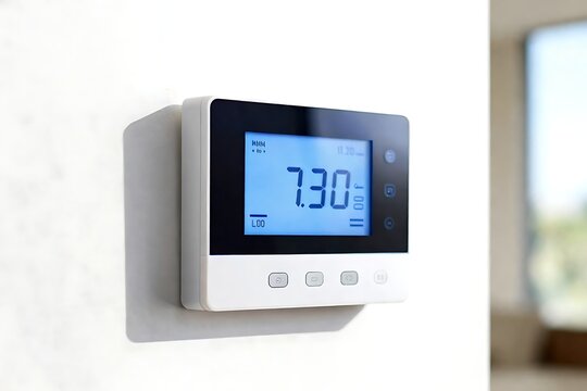 Modern smart home thermostat on a white wall, digital temperature display, home automation concept.