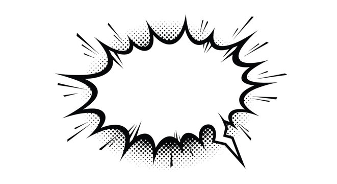 Blank comic book speech bubble with a starburst shape and halftone shadow isolated on a plain white background for custom text.