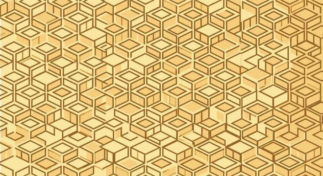 Seamless isometric 3d cube pattern in warm tan and yellow colors creating a geometric architectural texture background for design.