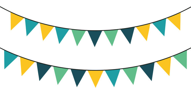Two rows of festive party bunting garland with colorful triangular flags hanging on strings for holiday or birthday events.