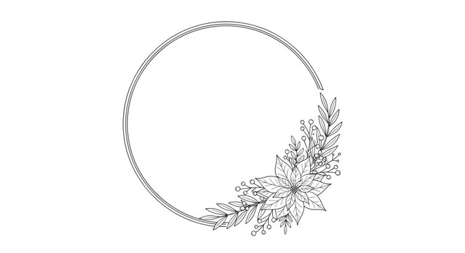 Elegant circular frame with a delicate line drawing of poinsettia flowers and leaves on one side for christmas invitations.