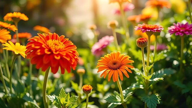 homilies. Close-up of vibrant garden flowers and plants in natural sunlight. gardening catalogs, home-decor guides, designed for gardening and botanical catalogs and home decor and floral branding.
