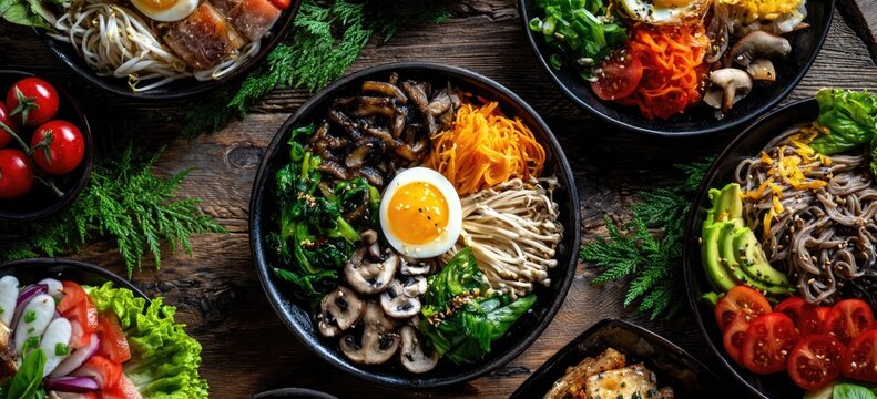 Overhead view of assorted Korean bibimbap bowls filled with colorful ingredients and a soft-boiled egg in the center.