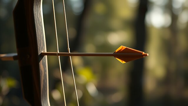 nocked. A bow with taut string and nocked arrow against a blurred natural background. event key visuals, club posters, designed for sports event promotions and stadium branding.