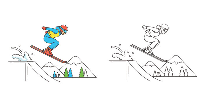 Vector Illustration of a Skier Jumping from a Ramp in Snowy Mountains, Set of Colored and Line Art Outline Versions for Winter Sports Design, Freestyle Activity, and Kids Coloring Page
