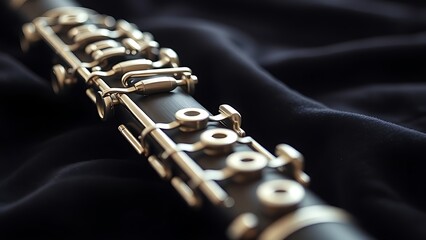 Obraz premium oboe. An elegant oboe with silver keys resting on dark velvet fabric. event programs, museum guides, designed for cultural heritage projects and event programs, supports education.