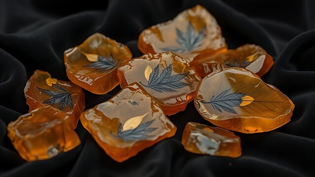 copal. Several raw amber copal resin pieces on black velvet with ancient inclusions. gardening catalogs, home-decor guides, designed for home decor and floral branding, used by video editors.
