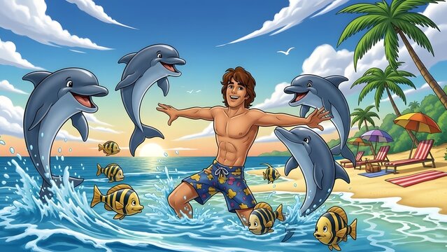 Joyful young man plays with dolphins and fish in vibrant tropical ocean, featuring sunny beach, palm trees, clear water, depicting perfect summer vacation