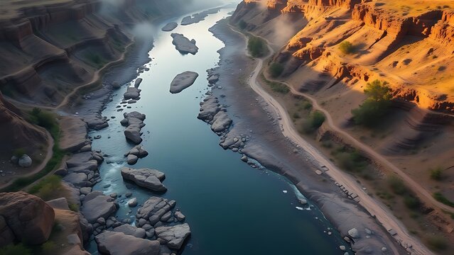 flocculation. Aerial view of small streams converging into a wide river in a canyon. travel magazines, destination branding, designed for outdoor magazines and nature guides.