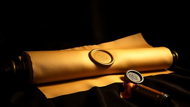 decree. Elegant golden scroll with wax seal, dramatically lit against a dark velvet background. event programs, museum guides, designed for cultural heritage projects and event programs.