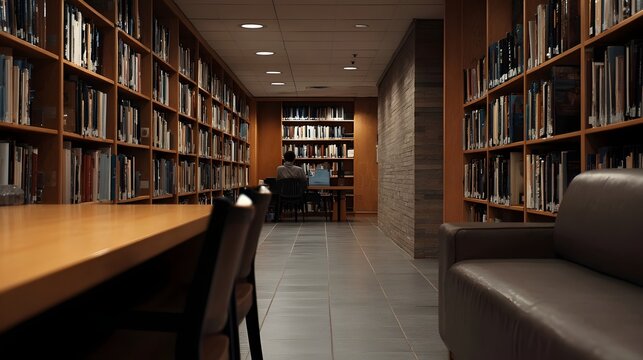 A solitary individual deeply focused on work at a desk within a serene library s extensive book collection
