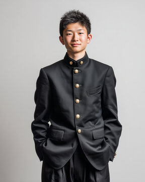AI-generated portrait of a young man in a traditional black Japanese Gakuran school uniform, hands in pockets, isolated on a light background.