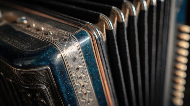 accordion. Vintage accordion with detailed bellows texture in studio lighting, close-up. event programs, museum guides, designed for cultural heritage projects and event programs, preserves heritage.