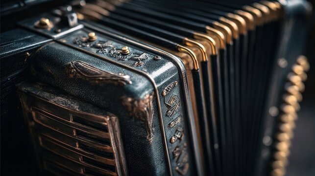 accordion. Vintage accordion with detailed bellows texture in studio lighting, close-up. event programs, museum guides, designed for cultural heritage projects and event programs, preserves heritage.
