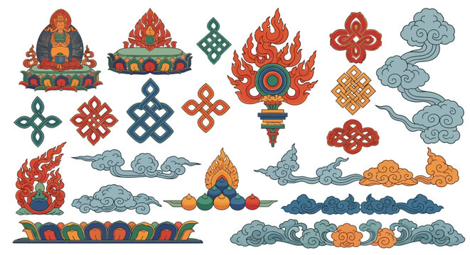 Tibetan Buddhist Motifs and Thangka Style Vector Borders
