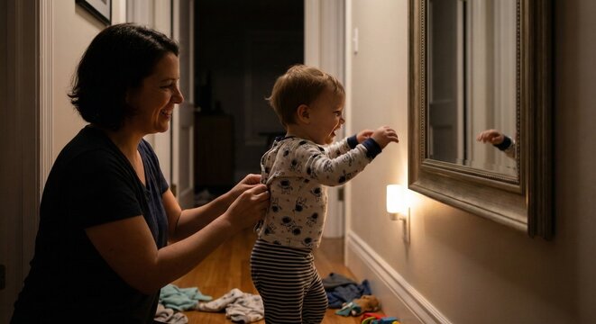 Smiling mother dressing toddler in pajamas by hallway mirror with nightlight during evening routine preparation for sleep.