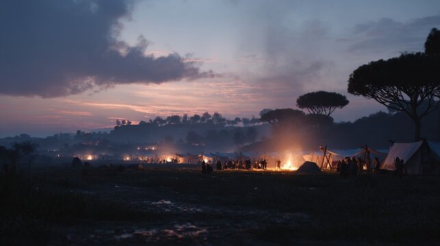 garrison. Ancient Roman military camp at dusk with soldiers by campfires. event programs, museum guides, designed for cultural heritage projects and event programs, preserves heritage.