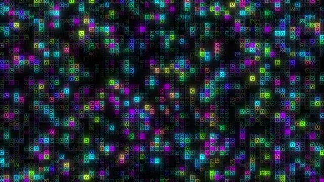 Vibrant Digital Grid Of Neon Glowing Squares With Internal Geometric Icons In Pink, Blue, Green, And Yellow On A Dark Background. This Futuristic Motion Graphic Depicts A High-tech Data Interface, Cyb