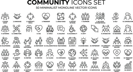 Community icons set of 50 minimalist monoline vector graphics for social connections and community engagement symbols © fahim