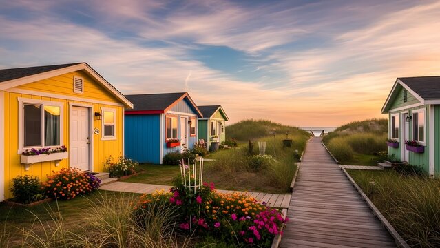 Charming beachside cottages with a wooden boardwalk leading to the ocean at sunset