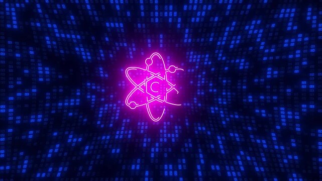 Futuristic Digital Motion Graphic Featuring A Vibrant Neon Pink Atom Symbol Centered Against A Dark Background Filled With Glowing Blue Data Icons And A Grid-like Structure. The Atom Glitches, Creatin