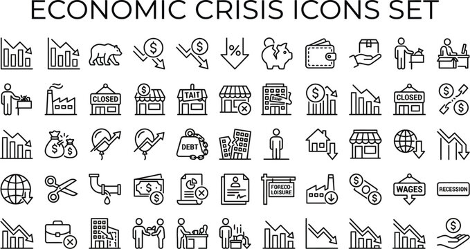 Economic crisis icons set, depicting financial struggles, recession, and market downturn, with various symbols and graphics representing economic challenges and difficulties in a simple line style.