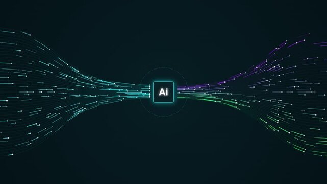 Artificial Intelligence Core Processing Dynamic Data Streams in a Dark Digital Environment - Futuristic Technology Concept Illustration