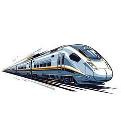 Fototapeta premium Sleek, high-speed train, silver with blue and yellow accents, zooming past