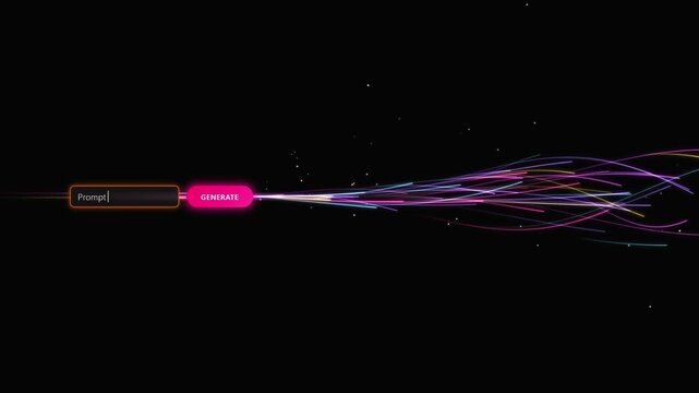 Vibrant digital data stream from a generative AI prompt, illustrating complex computational processing in a virtual environment.