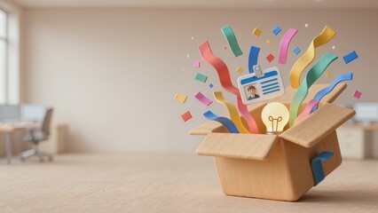 Fototapeta premium 3D open box with glowing light bulb and employee ID card, hiring and talent concept.