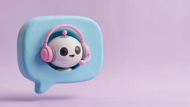 3D cute robot with headphones in a blue speech bubble, customer service chatbot concept.