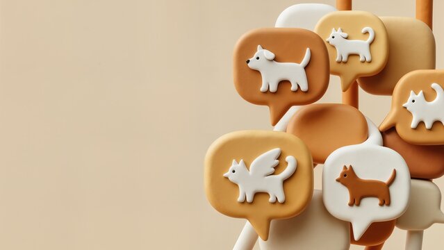 3D chat bubbles with dog and cat icons, pet service and online communication concept.