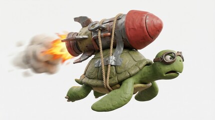 Fototapeta premium Humorous 3D Render Green Turtle with Rocket Engine Speeding Fast