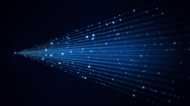 Blue light streams and glowing particles in dark digital space, symbolizing data flow and network connectivity.