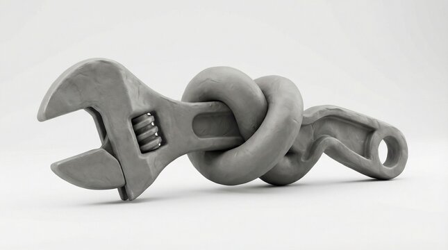 Humorous 3D Render Metal Wrench Tied into Tight Knot