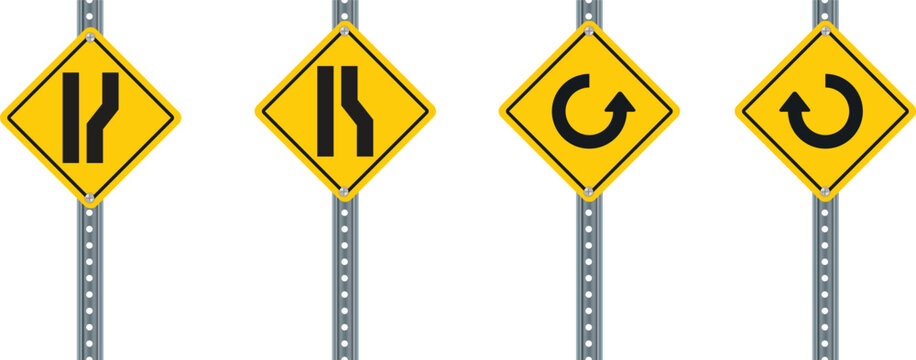Collection of yellow diamond traffic warning signs for u-turn and road narrowing. yellow road signs. vector illustration