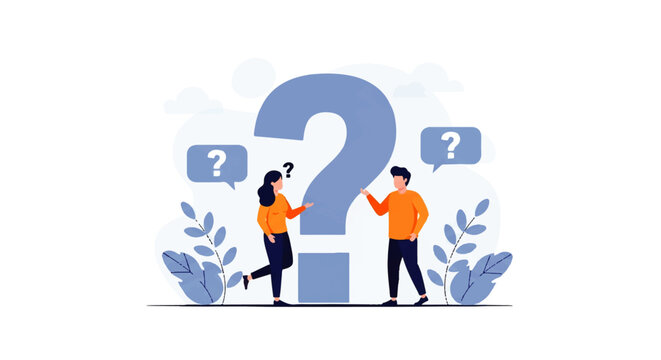 Flat design illustration of two people interacting with a large question mark vector graphic, surrounded by blue leaves and speech bubbles on a white background.