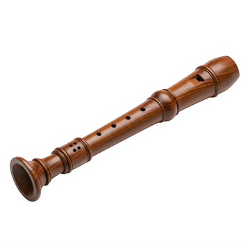 A detailed studio shot of a brown wooden recorder musical instrument on black