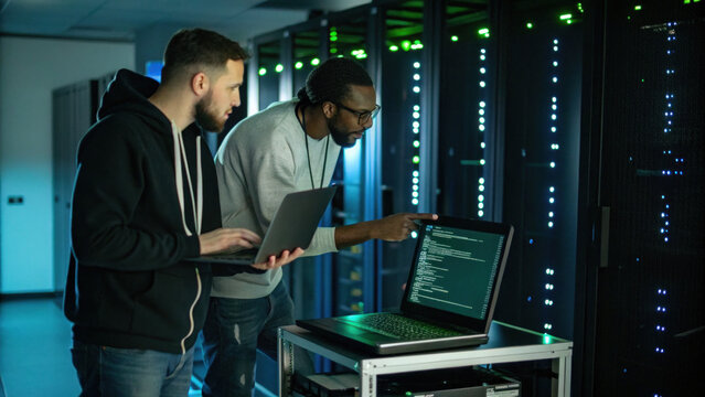 Two IT specialists troubleshooting server code in dimly lit data center, focused and collaborating under green rack lights