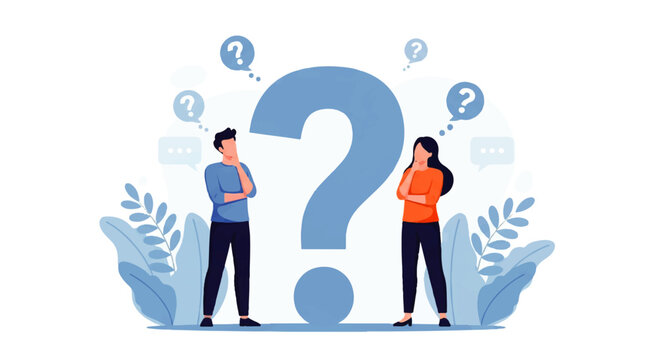 Flat design illustration vector of two people standing thoughtfully with a large question mark and speech bubbles in a minimalist style.