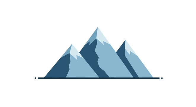 Stylized illustration of three sharp blue mountain peaks with snow covered tops arranged horizontally on a white background.