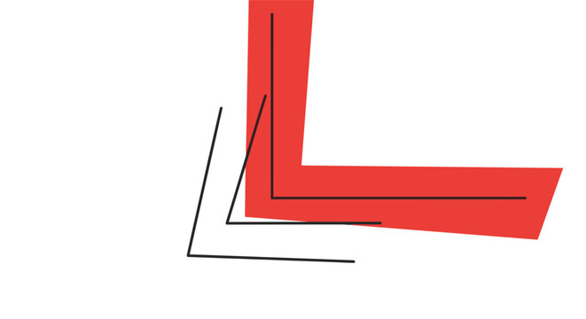 Abstract geometric composition featuring a bold red L-shape overlapping several thin black right angle lines on a white background.